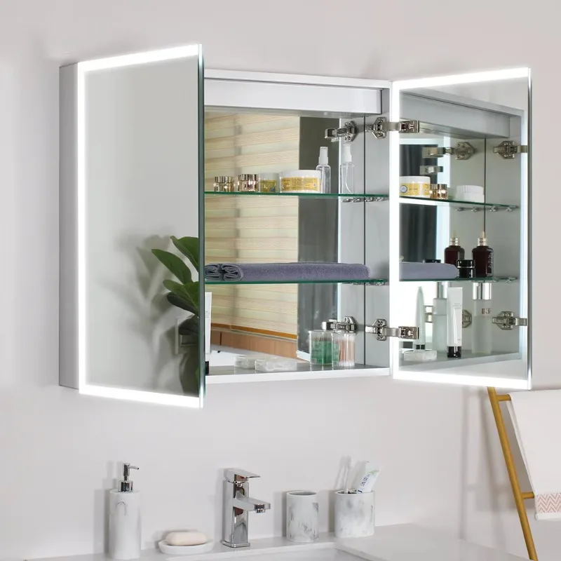 

[Hot Sale] Hotel Washroom Waterproof Wall Hanging Double Door Bathroom Vanity Smart Led Mirror Cabinet For Bathroom