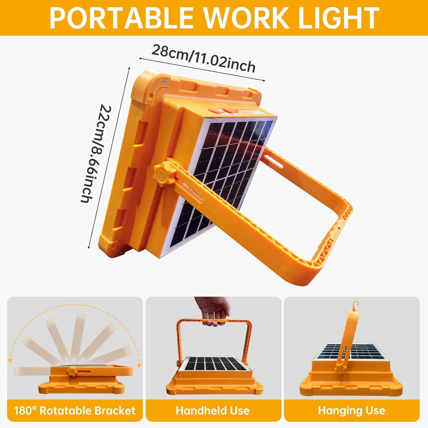 Portable Solar Rechargeable Work Light - 4 Modes Waterproof LED Flood Light for Camping, Fishing, Car Repair, Emergency Use