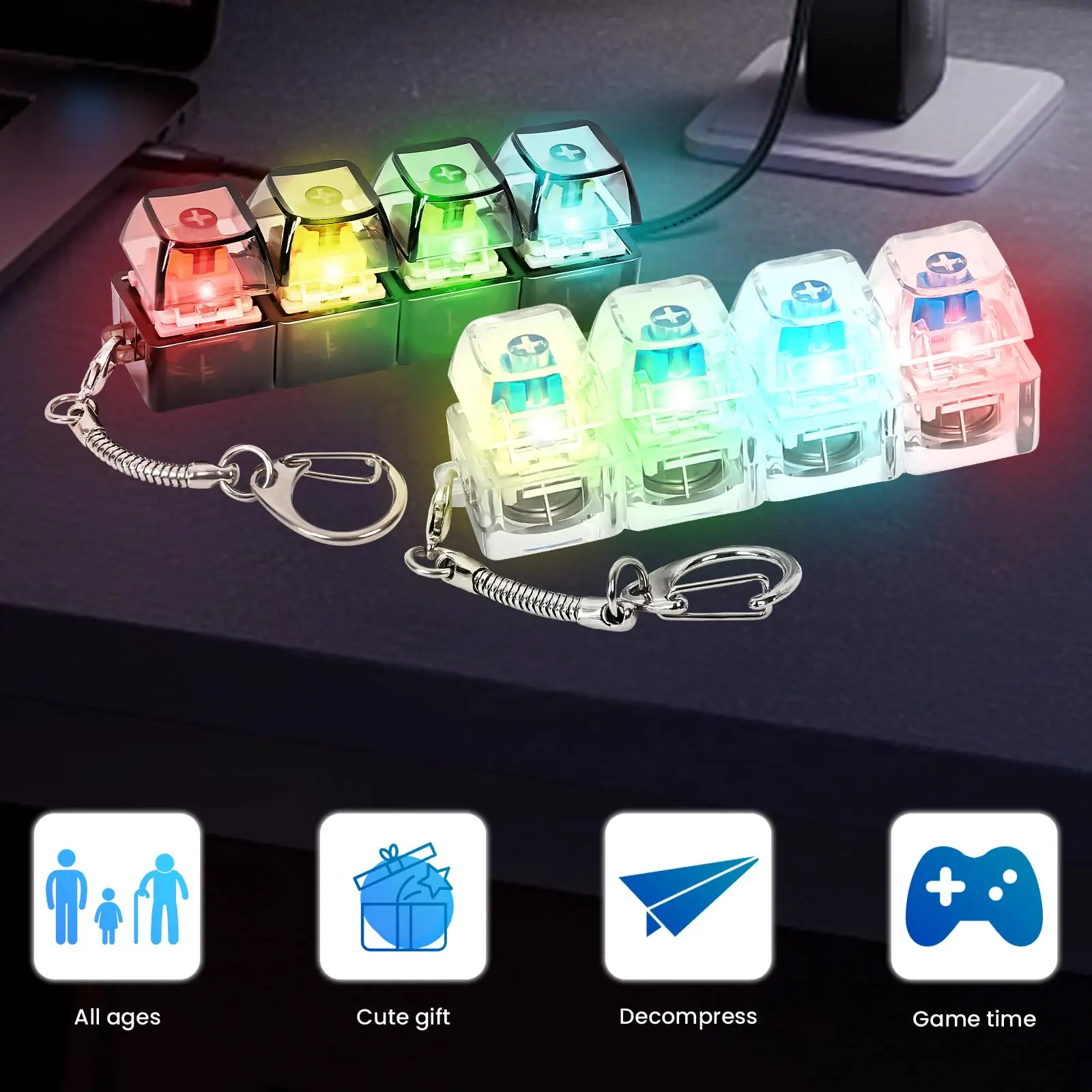 

4 Keys Keyboard Fidget Toy Keychain Stress Relief Clicker Fidget Keyboard with LED, Squeeze Toy Crystal Transparent Bag Charm