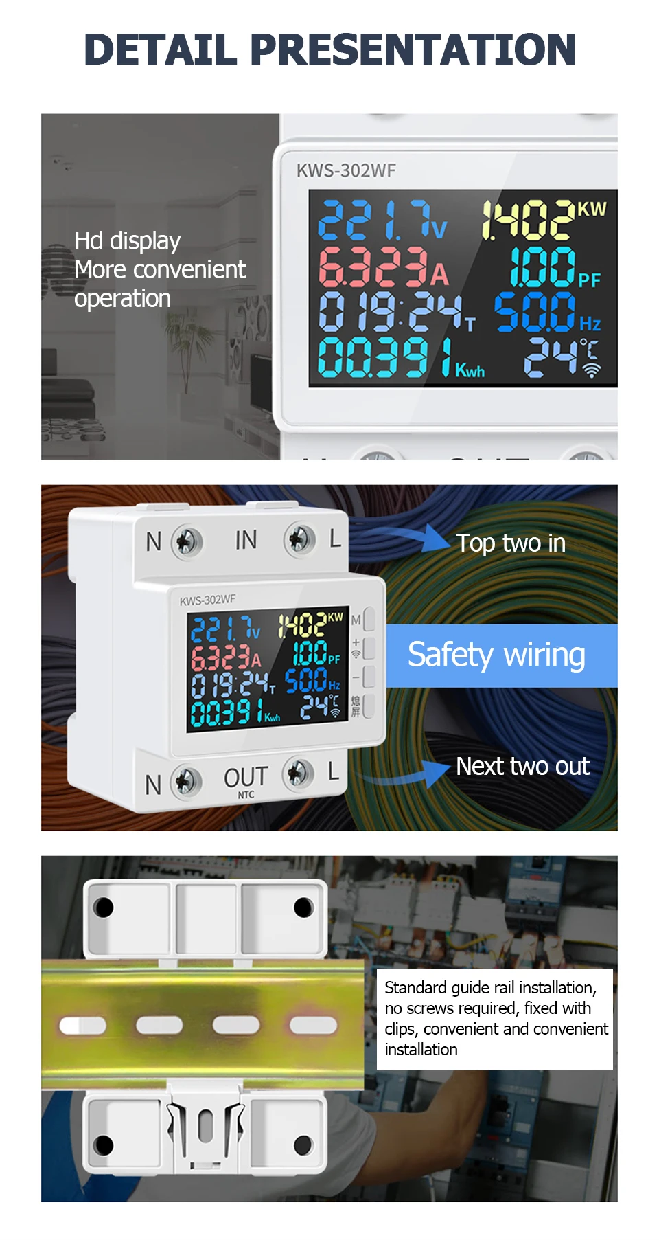 170-270V/63A Leistungsmesser 8in1 Farbbildschirm Multifunktions-Wechselstrom Energie Leistung Voltmeter Spannung Ampere Watt Kwh Meter Fernsteuerung – Detail 18