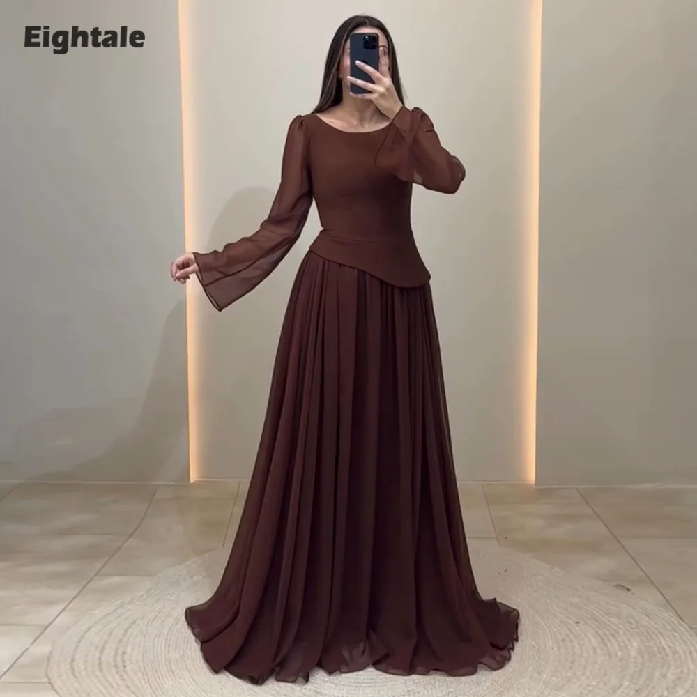 Eightale アラビア語イブニングドレス スクープ カスタマイズされた A ライン フロアレングス シフォン ブラウン 長袖 プロム ウェディング パーティー ドレス