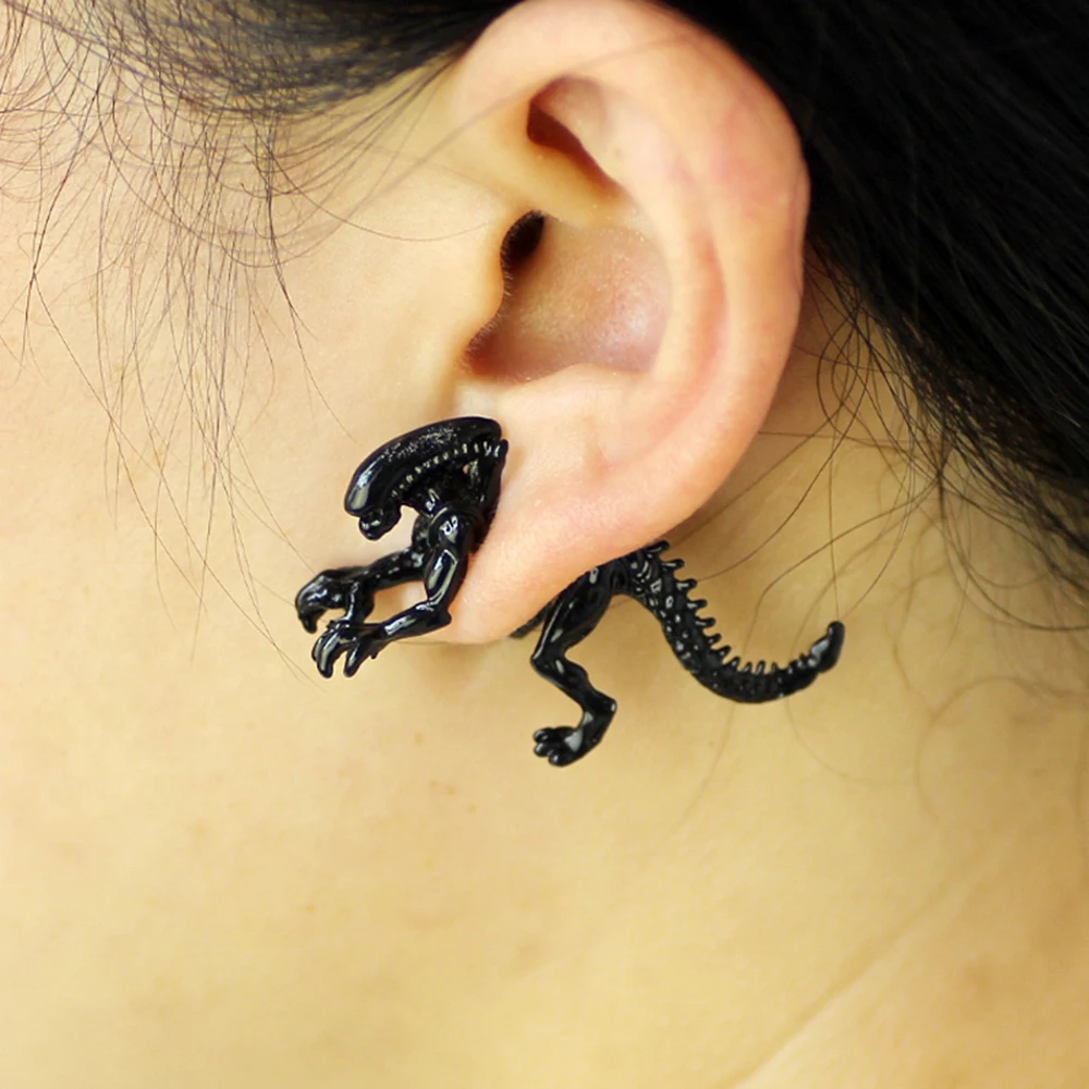 Alien Earrings for Women, Black Stud Earrings, Animal Piercing Ear, 3D, Scary Dinosaur, Jewelry Gifts