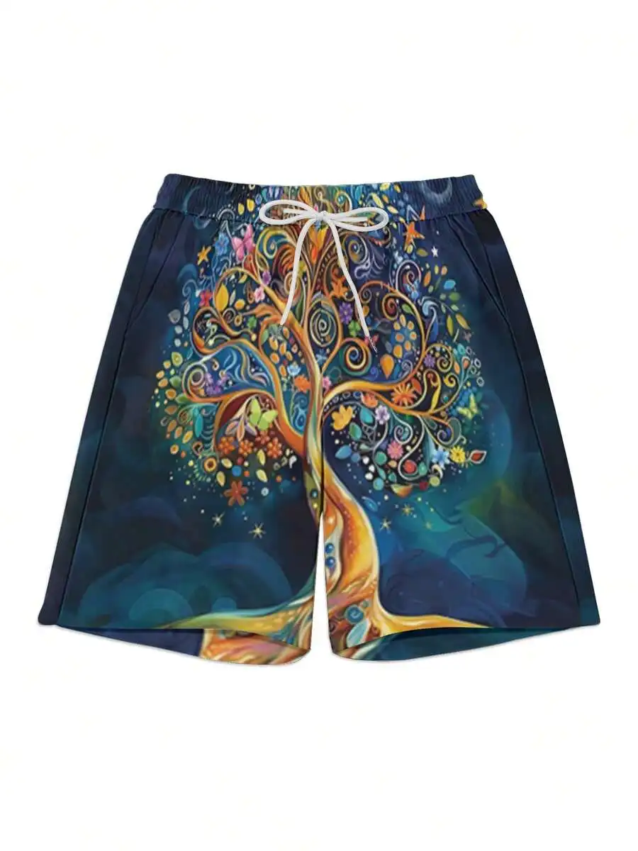 

Mens Beach Shorts With Colorful Tree And Starry Sky Print, Deep Blue Background, Quick Dry Summer Wear