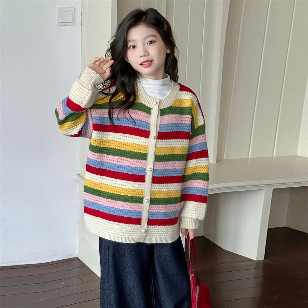 Spring Autumn Child Relaxed Fit Colorful Stripe Knitted Cardigan for Girls Beautiful Crew Neck Sweater Long Sleeve Kids Knitwear