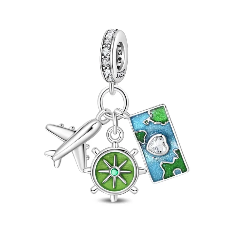 

925 Sterling Silver Airplane Travel Map Charm Beads Sparkling CZ Zircon Dangle Fit Original Bracelet DIY Women Jewelry