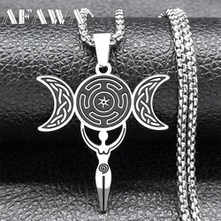 Triple Moon Goddess Hecate Necklace for Women Men Stainless Steel Witch Knot Greek Mythology Chain Jewelry collier N9601S02