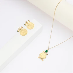 High Quality Women's Stainless Steel Jewelry Set Coin Rooster Pendant Necklace Earrings