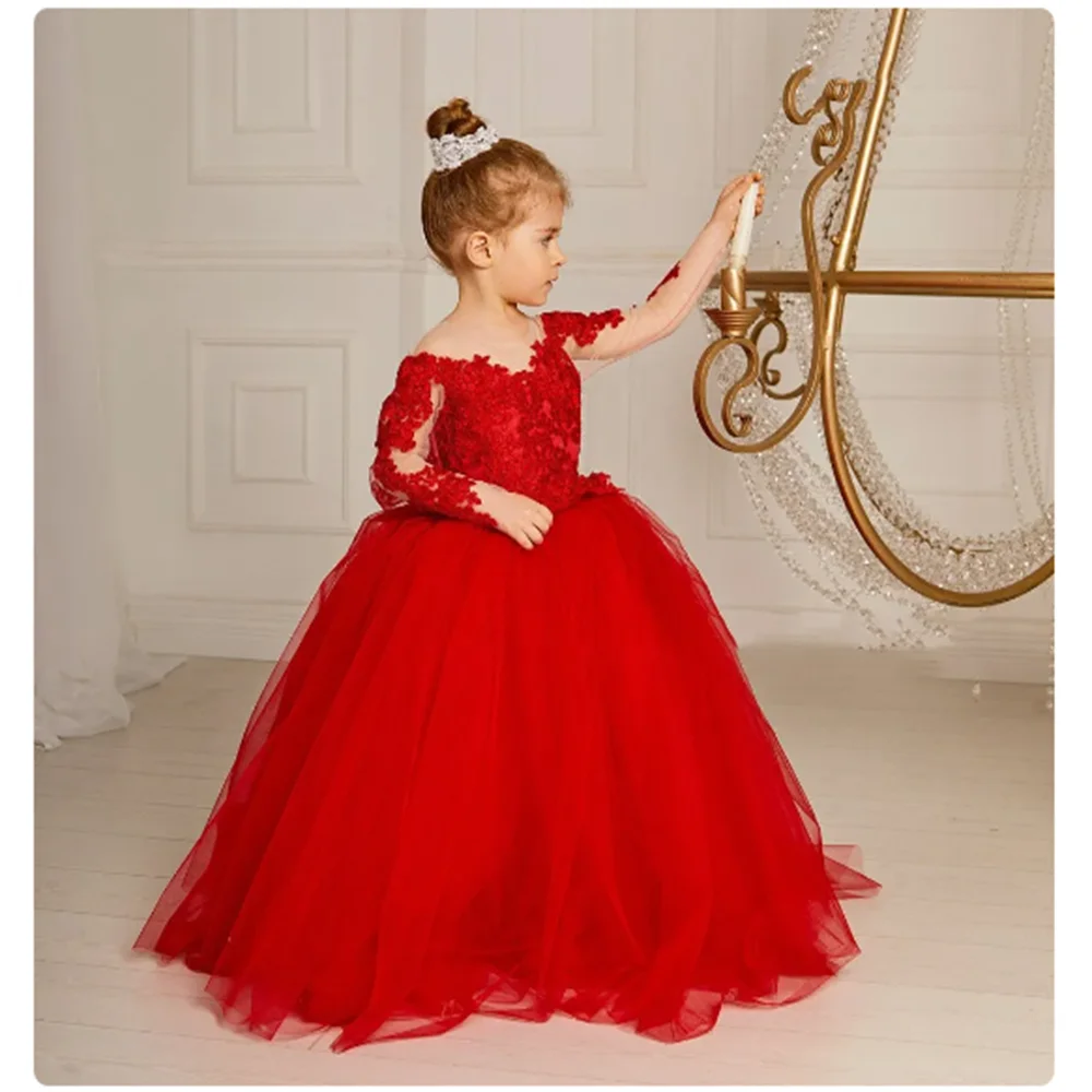 New Red Flower Girls Dresses Fluffy round neck with Long Sleeves Beautiful Bridesmaid Birthday Backless Lace Bow Appliques