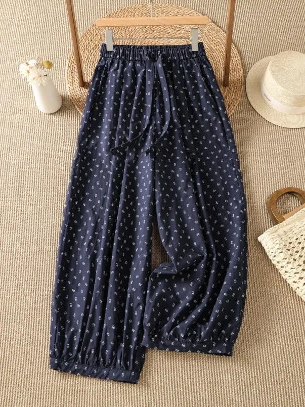 Summer Thin Elastic Waist Casual Pants Small Floral Nine-Point Straight Leg Women's Balloon Pants Cotton Digital Printing