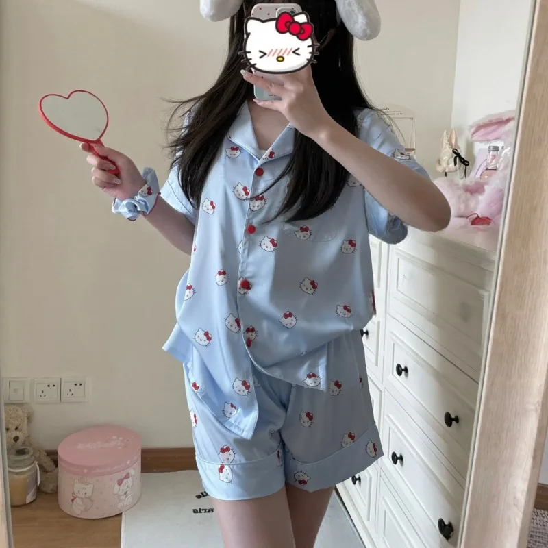 

Miniso Women's Pajamas Summer Clothes Pajama Cute Lapel Collar Silk Pajamas Kawaii Cartoon Casual Short Sleeved Clothing Set