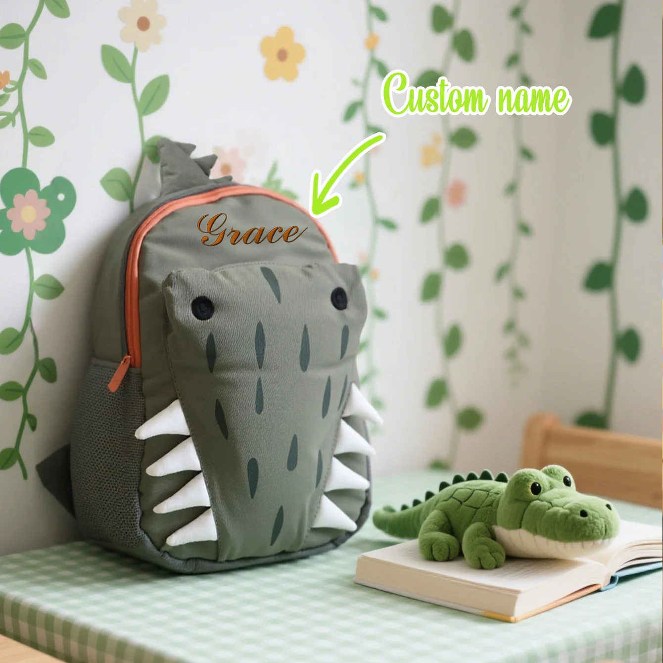 Custom Name-Embroidered Cute Green Crocodile Kids' Backpack | Preschool & Personalized Gift