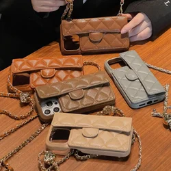 Crossbody Adjustable Lanyard Chain Phone Case for iPhone 16 15 14 13 Pro Max Wallet Card Holder Lattice Pattern Leather Cover