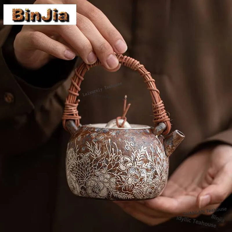 230Ml Retro Old Rock Mud Vine Weaving Beam Teapot Flower Gilded Sier Pot Tea Brewing Kettle Ball Filter Kung Fu Teaset Gifts