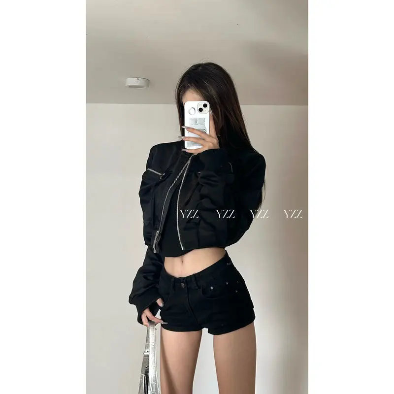신상품 여성용 재킷 야구 져지 지퍼 크롭 코트 하이웨이스트 슬림 숏 코트 봄 가을 긴팔 아우터웨어 탑 블랙