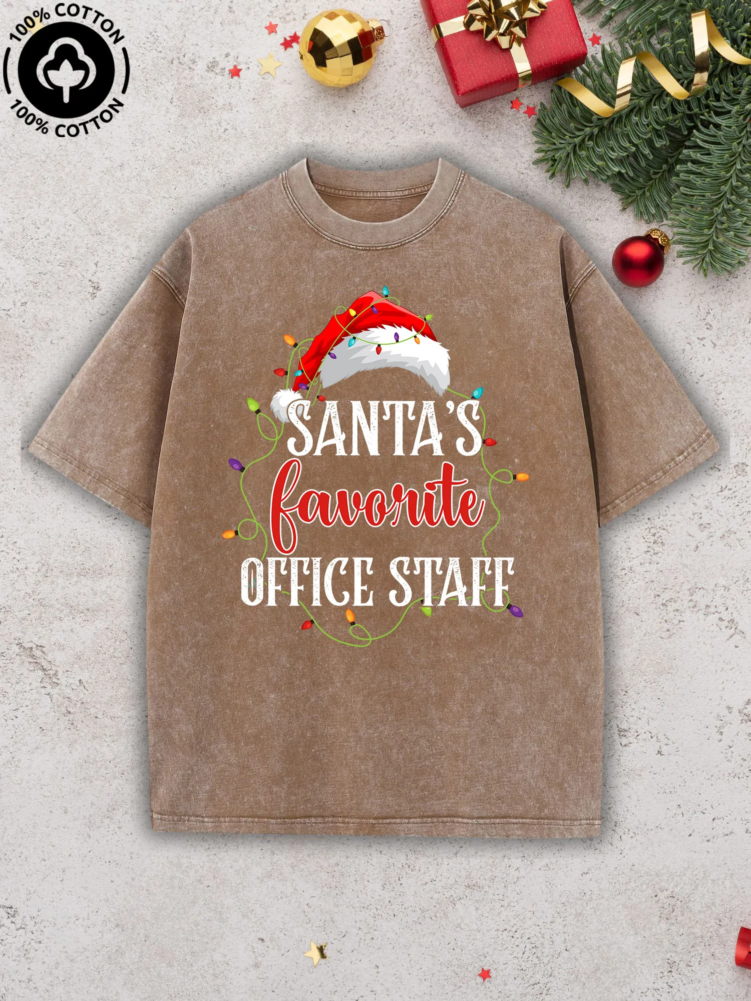 

Santa's Favorite Office Staff Men's Graphic Tee, Pure Cotton Vintage Camel T-Shirt, Retro Street Drop Shoulder Tee