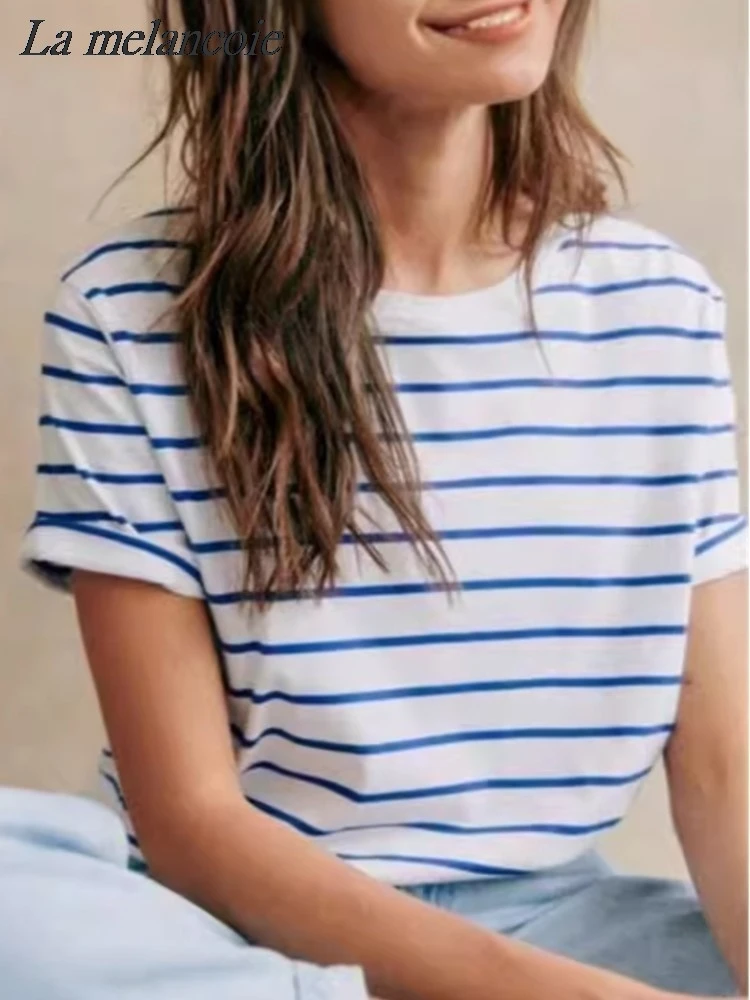 

Classic Stripe Print T-Shirts Woman Summer 2024 New Retro Casual Blue Cotton T-shirt Female Fashion Round Neck Short Sleeve Tops