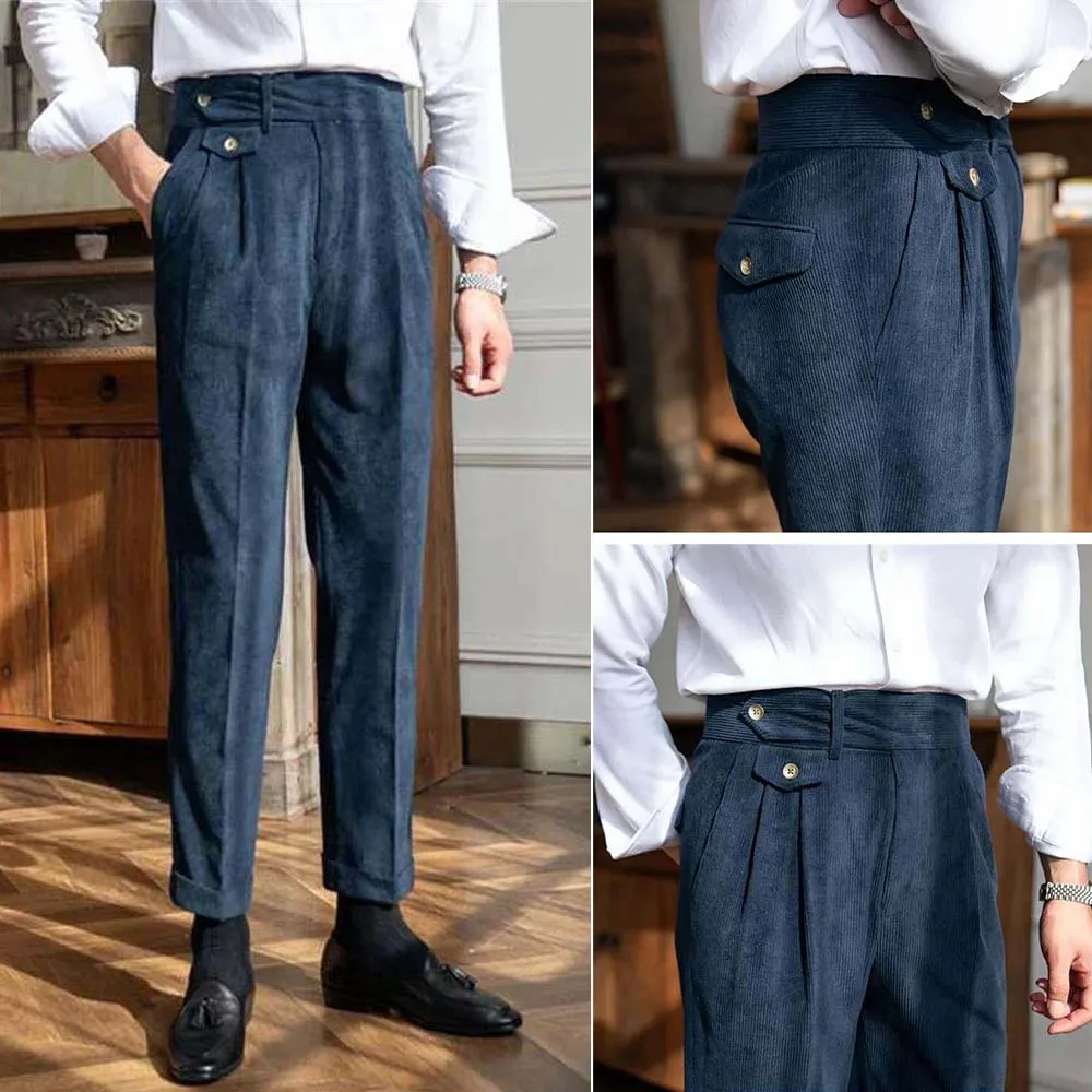 กางเกงขายาวผ้าลูกฟูกคุณภาพสูงสำหรับผู้ชาย เอวสูง กางเกงทำงานสไตล์อิตาลี กางเกงธุรกิจชาย ปี 2025 กางเกงสำหรับผู้ชาย