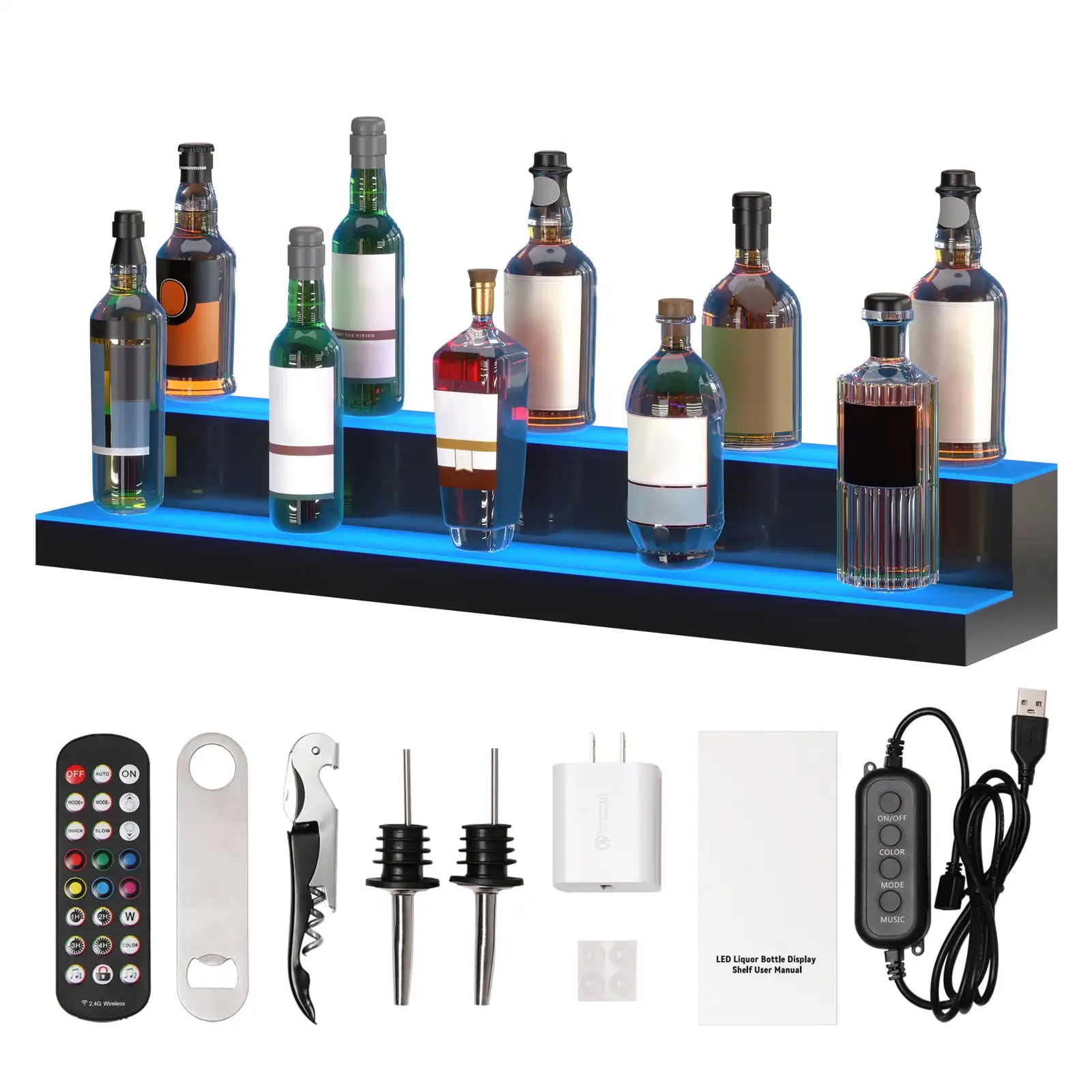 

LED Lighted Liquor Bottle Display Bar Shelf RF & App Control 40" 2-Step