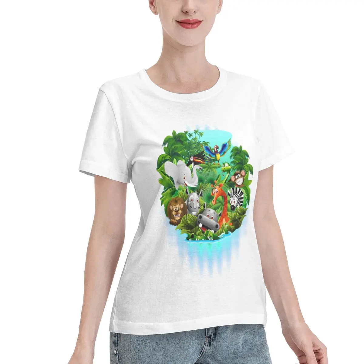Must Have Wild Animals Cartoon On Jungle Women's T-shirt Relaxed Style Loungewear Top