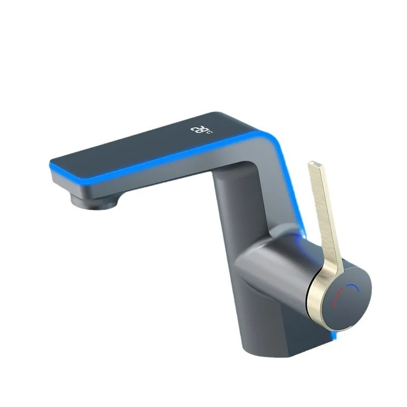 Keran Wastafel Kamar Mandi Tampilan Digital - Abu-abu, Air Panas Dingin, Di Bawah Pemasangan, Lubang Tunggal, Keran Rias dengan Indikator Suhu