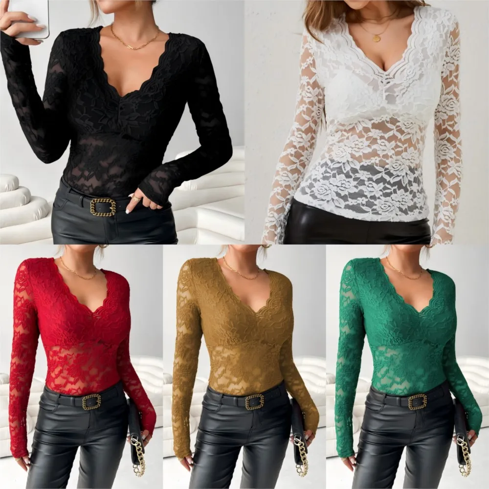 Jersey ajustado de manga larga con cuello en V para mujer, camiseta elegante con cuello de abanico y borde, Top de encaje, tendencia femenina