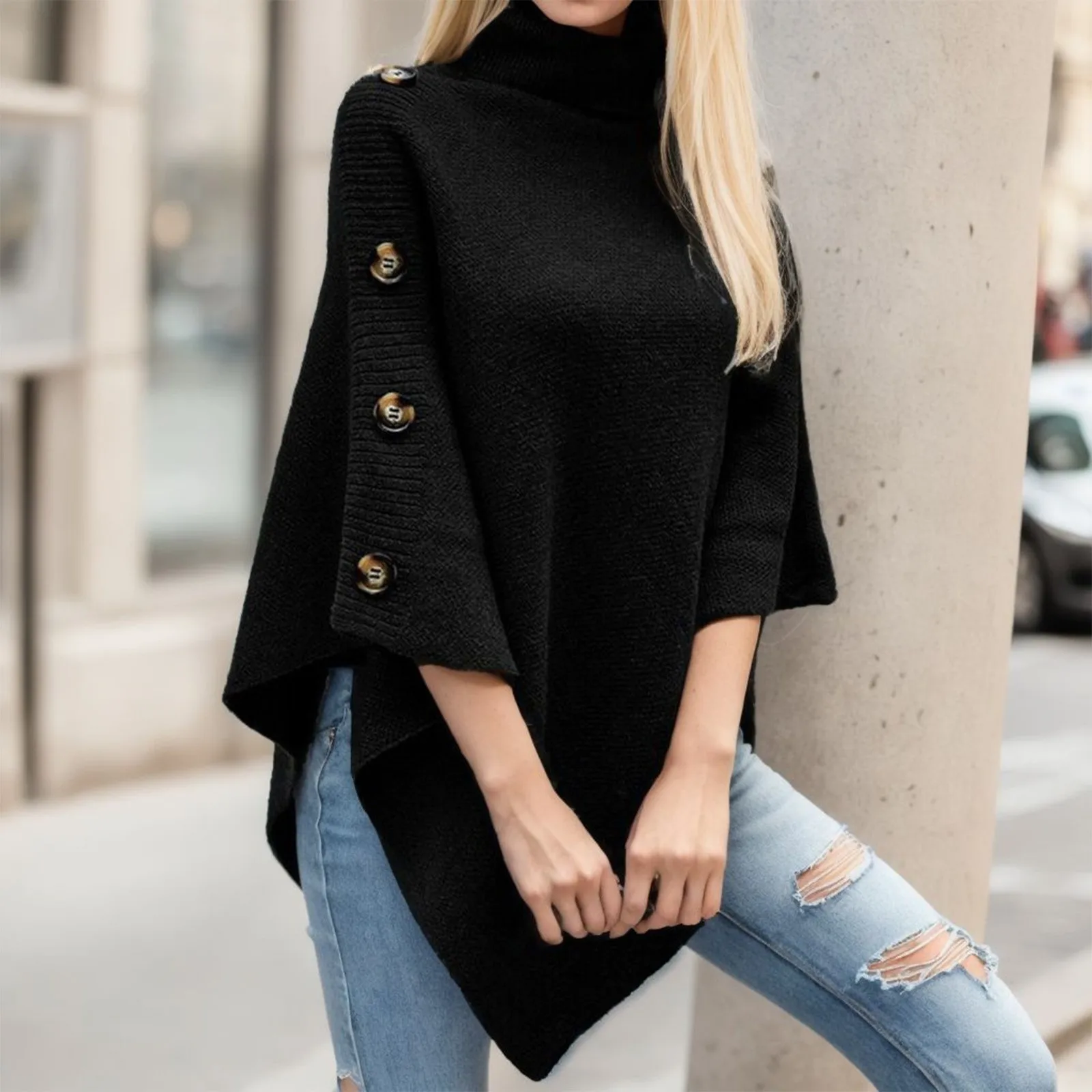 Solid Color Turtleneck Button Down Knitted Cape Sweater Women Loose Fit Elegant Poncho Cardigan Casual Irregular Sweater Coat