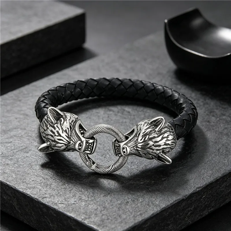 Steampunk Rock Wolf Head Bracelet for Men In Leather Men's Bracelet Man Bike Jewelry His Birthday Gifts