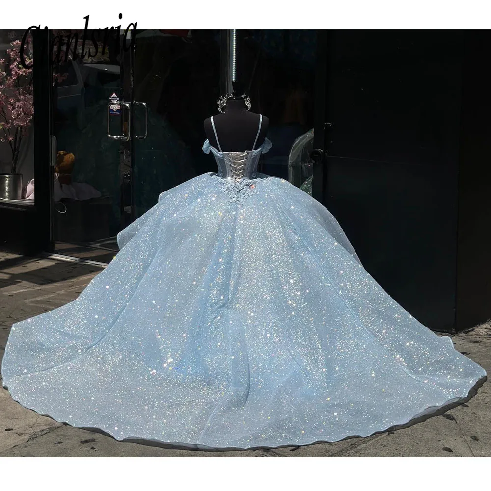 Sky Blue Sweetheart Ball Gown Quinceanera Dresses For Girls Beaded Birthday Party Gowns Lace Up Back Graduation 3D Flowers