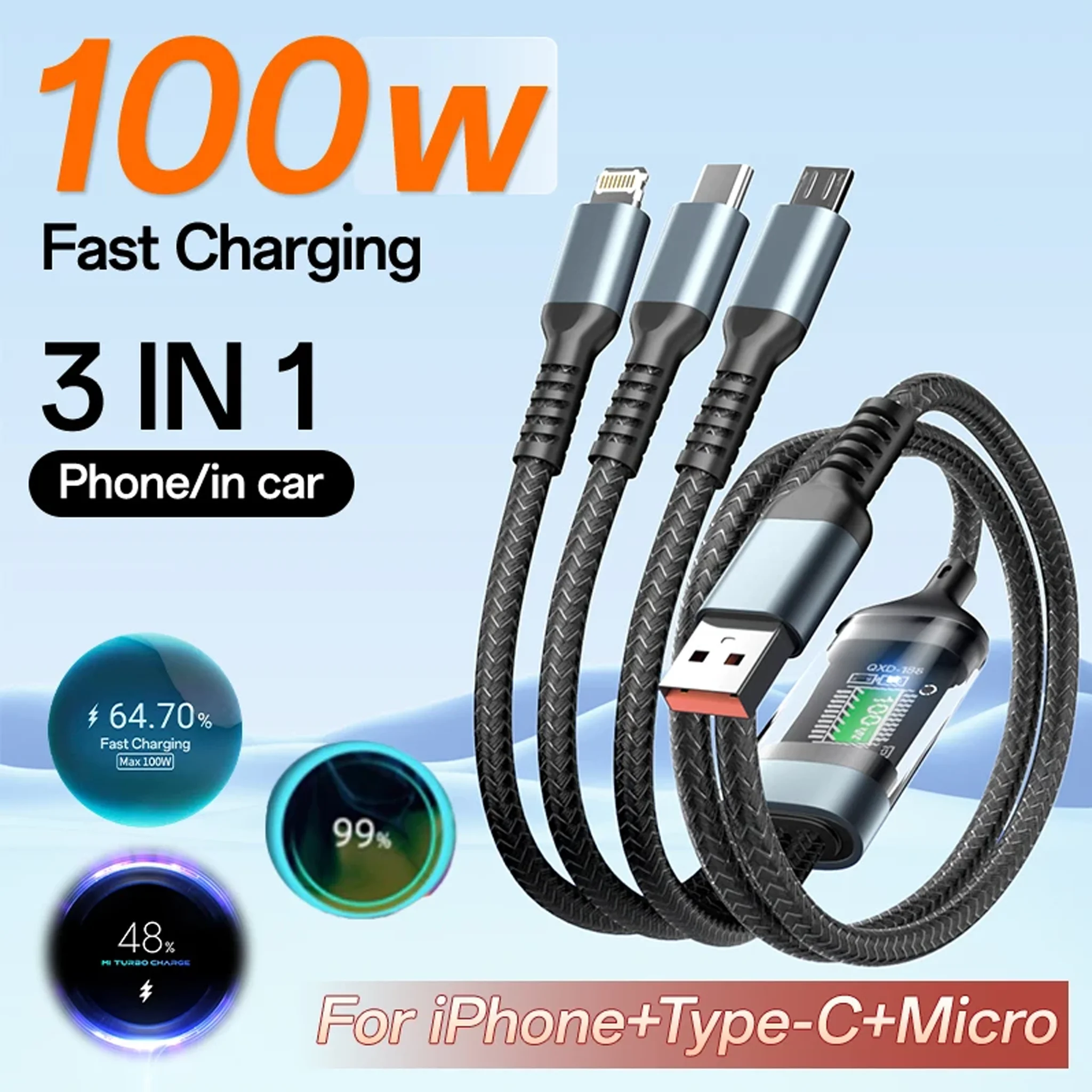 3 In 1 100w Multi Fast Charging Cable Type C Usb For Micro For Iphone For Samsung For Huawei For Xiaomi Lamp Charger Usb C 3A