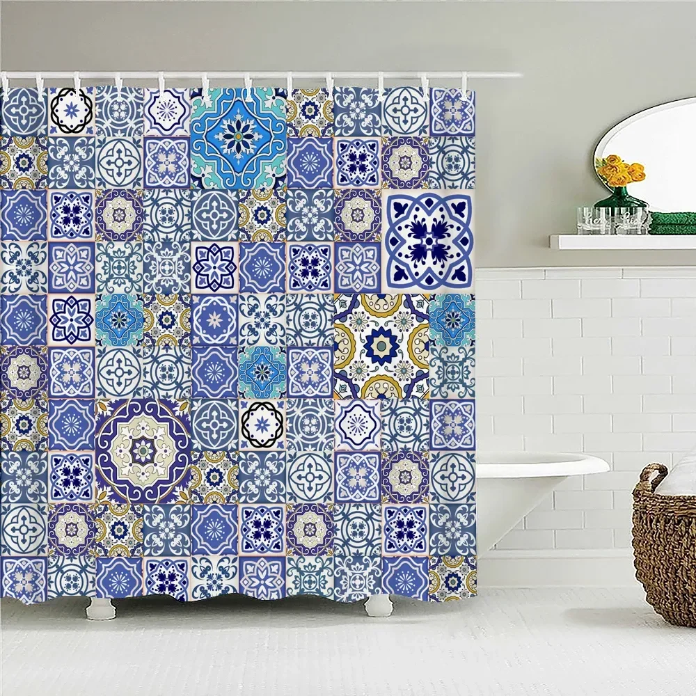 Bohemian 3D Shower Curtain, Indian Mandala Flower Green Blue Chic Color Modern Pattern Bathroom Fabric Home Decor Shower Curtain