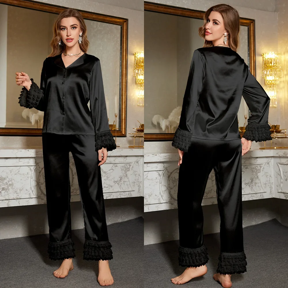 

New Black Female 2pcs Pajamas Set Sleepwear Sexy Long Sleeve Trouser Suit Bride Wedding Pijamas Home Wear Silky Loungewear