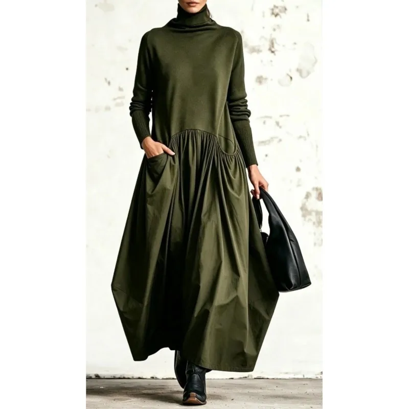 Casual Loose A-line Dress With Pockets Women's Spring Autumn Long Sleeved Retro Solid Color Dresses Lady Fashion Stand Vestidos