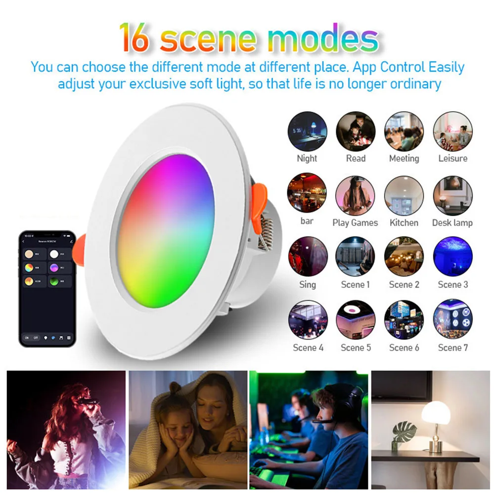 10W RGB Smart Spotlight Bluetooth-Compatible Recessed Ceiling Lamp Dimmable Recessed Down Light for Living Room Bedroom Decor