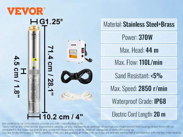 SucceBuy Diepe Goed Dompelpomp Rvs Waterpomp 370 W/550 W/750 W/1100 W Grote Debiet Hoge Hoofd Lift Waterpomp