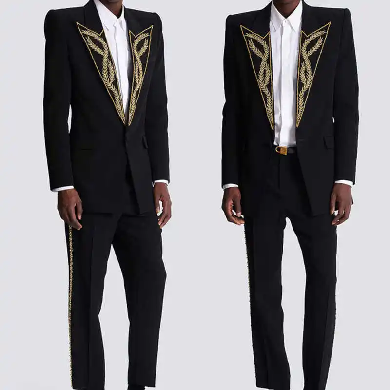 Modern Men Suits Slim Fit 2 Pieces Blazer Pants Peaked Lapel Sequins Beading Formal Business Occasion Party Prom Custom Made