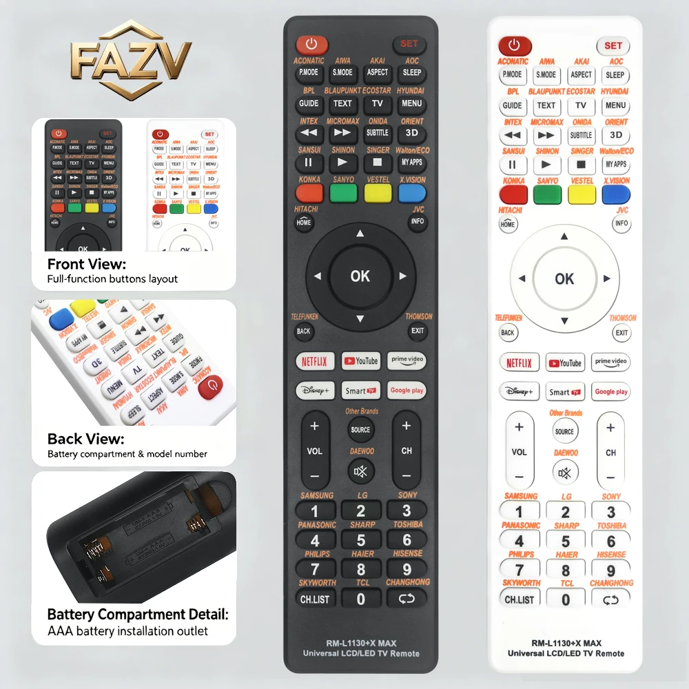 FAZV Universal LCD/LED TV Remote for 99% Brands Samsung/LG/Philips/Sony/Panasonic Direct Use No Setup RM-L1130+X MAX