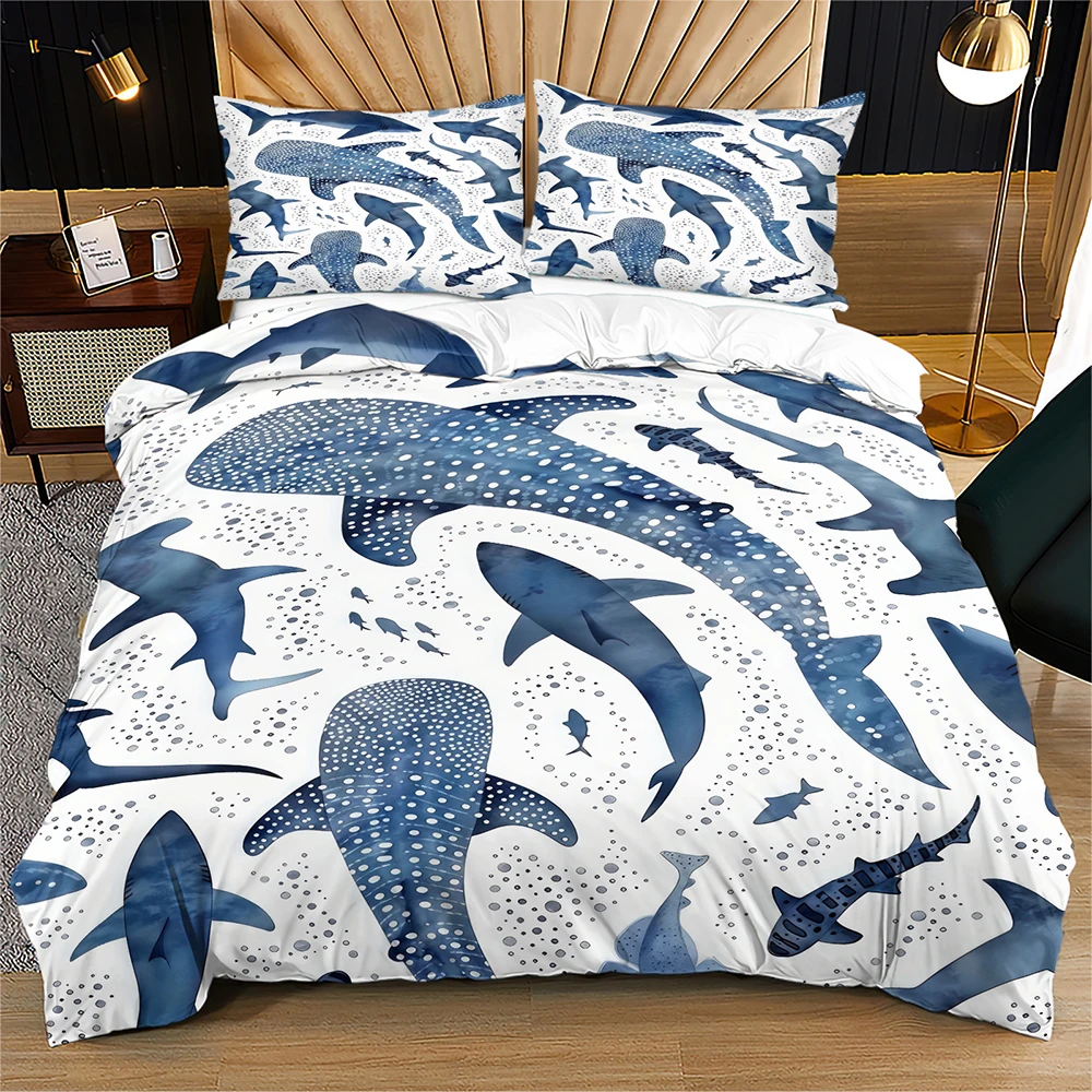 Ocean Whale Shark Duvet Cover Set Blue Watercolor Shark Print Bedding Set 2/3PCS Shark Bed Set Single Double Queen King Size