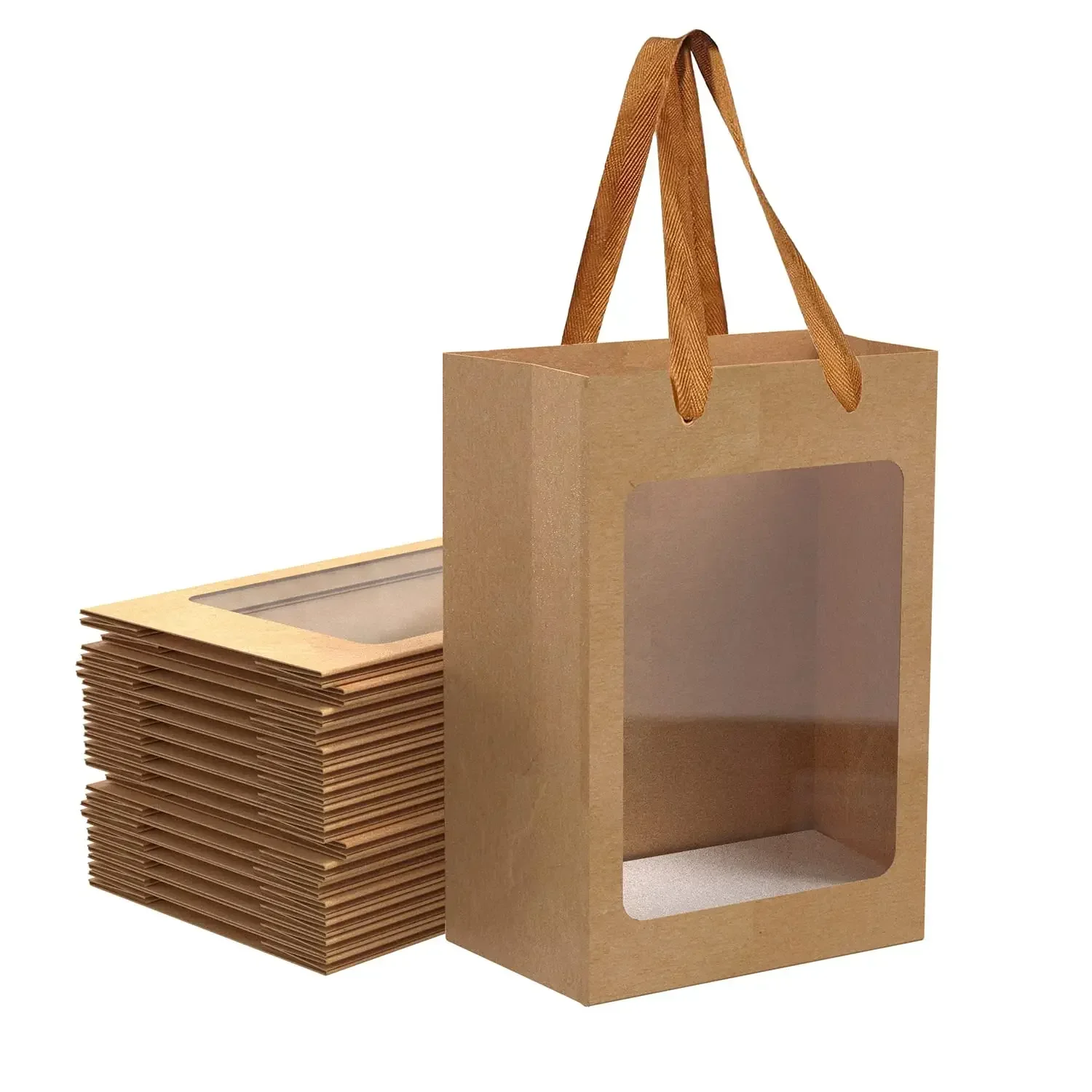 12PCS Kraft Paper Gift Bags with Transparent Window for Present Wedding Birthday Christmas Party Favor Bags Shopping Bags