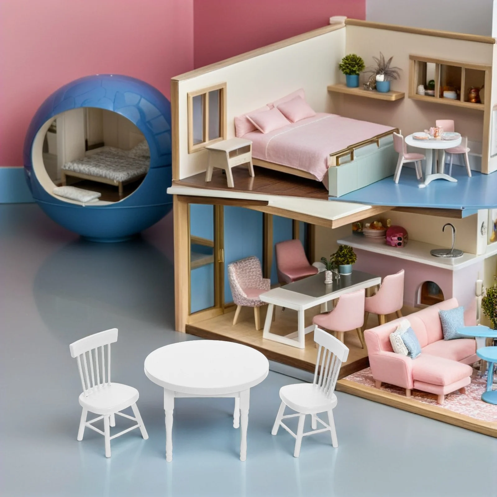 1Set Miniatur Holz Tisch und Stühle Möbel Set Weiß Wohnzimmer Miniatur Puppenhaus Zubehör Mini Stuhl