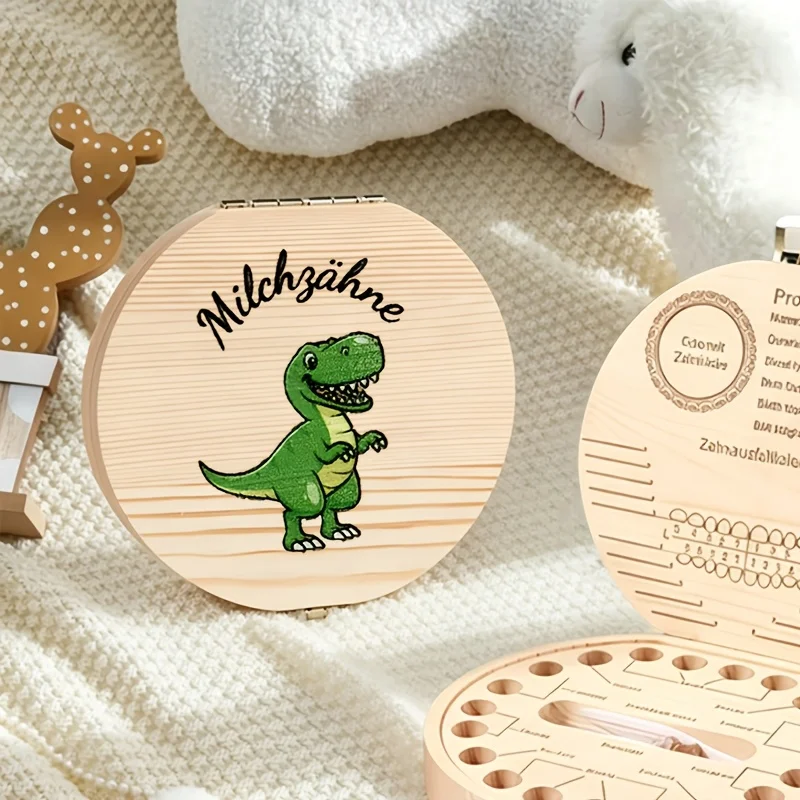Wooden Dinosaur Pattern Tooth Keepsake Box Wooden Storage Teeth Fetal Hair Tooth Commemorative Box Birthday Holiday 1PCS 2D