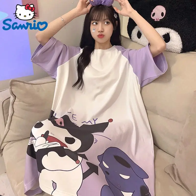 Sanrio Kuromi Cotton Nightgown Summer Women Cartoon Cute Round Neck Short Sleeve Y2k Medium Length Casual Tshirts Home Clothes