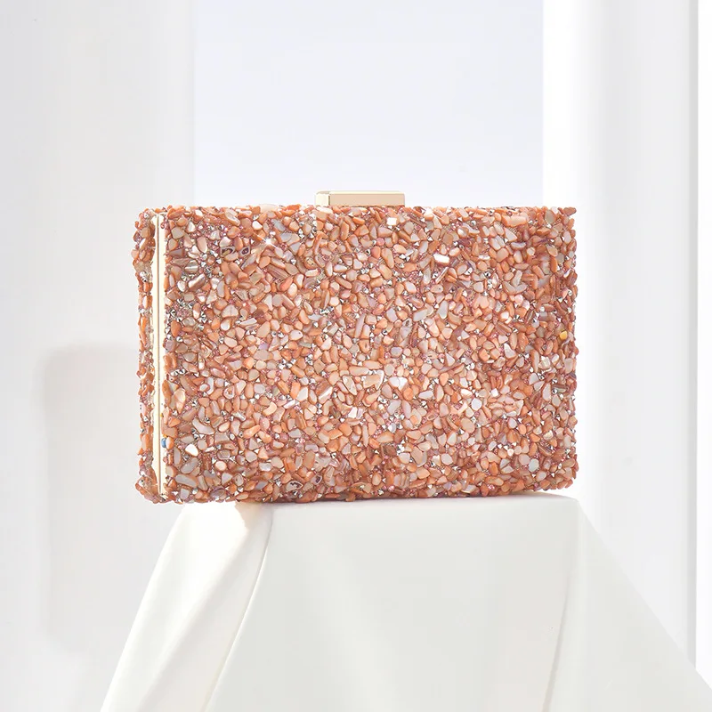 Champagne Crushed Shell Beaded Evening Clutch Bag Wedding Bridal Prom Cocktail Party Purse Mother of bride Hard Box Handbag