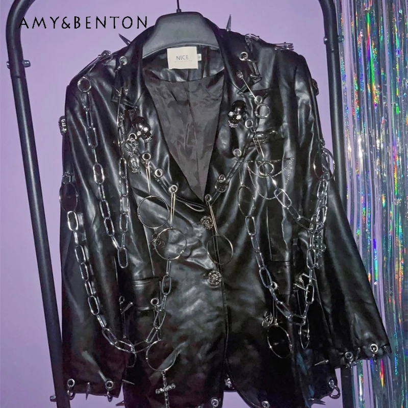 

Punk Sweet Cool Rivet Gothic Chain Pin PU Leather Lapel Women's Coat Autumn New Design Dark Heavy Metal Circle Jacket Ladies
