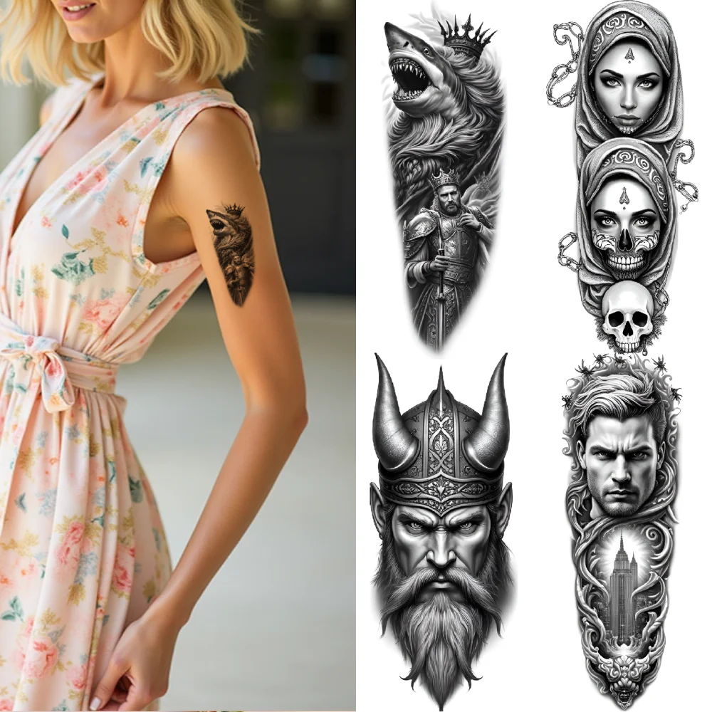 

12pcs Temporary Tattoo Viking Black And Grey Realism Geometric Pattern Hourglass Realistic Temporary Tattoos Medieval Castle For