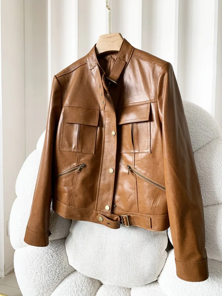 Office Ladies Zipper Long Sleeves Stand Collar Genuine Leather Short Jacket Fashion Pockets Solid Color Sheepskin Outwear