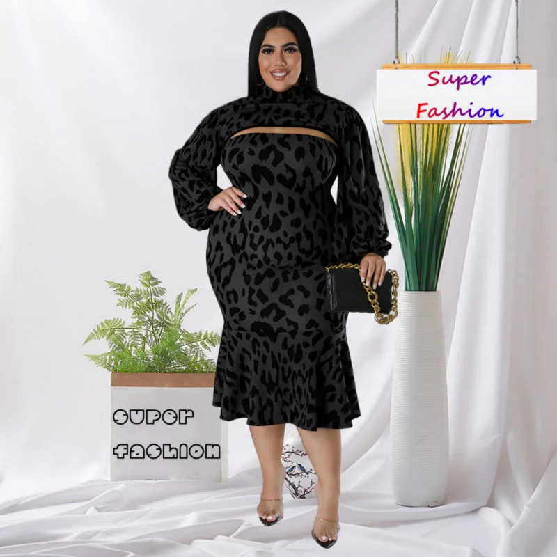 

WSFEC L-4XL Plus Size Two Piece Sets Women Clothing Fashion Leopard Fall Long Sleeve Bodycon Sexy Elegant Ruffles Dresses Suits