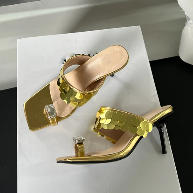 Bling Fashion Square Clip Toe Women Slippers 2025 Summer High Heels Flip Flops Ladies Mules Party Nightclub Shoes