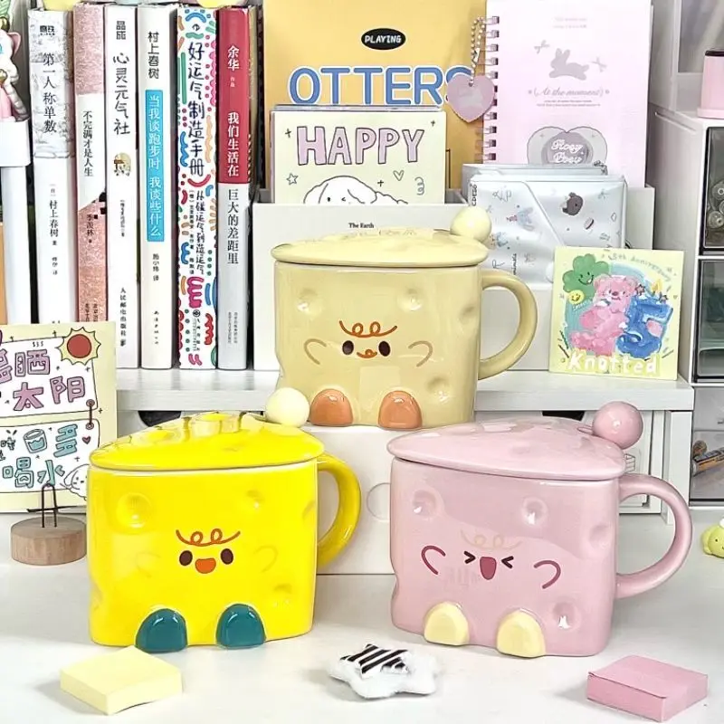 

Cute Cheese Ceramic Mug, Creative Cartoon Straw Cups, Office Coffee Mugs, Covered Spoon Breakfast Milk Cup, Birthday Gift