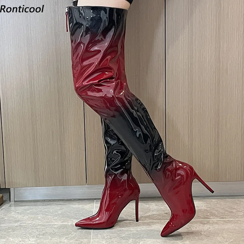 

Ronticool/Новые модные женские зимние сапоги до бедра на молнии спереди, красные туфли на шпильке с острым носком, подиумные ботинки, размер США 5-15