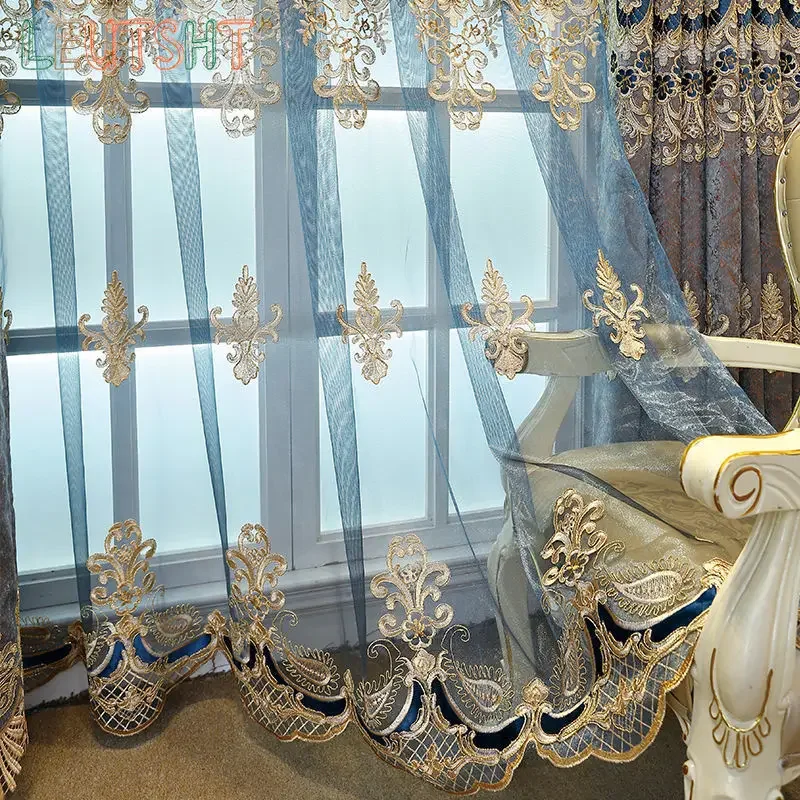 2024 New European Style Simple Gold Thread Embroidered Curtains for Living Room Bedroom Study Blackout Curtain Customization